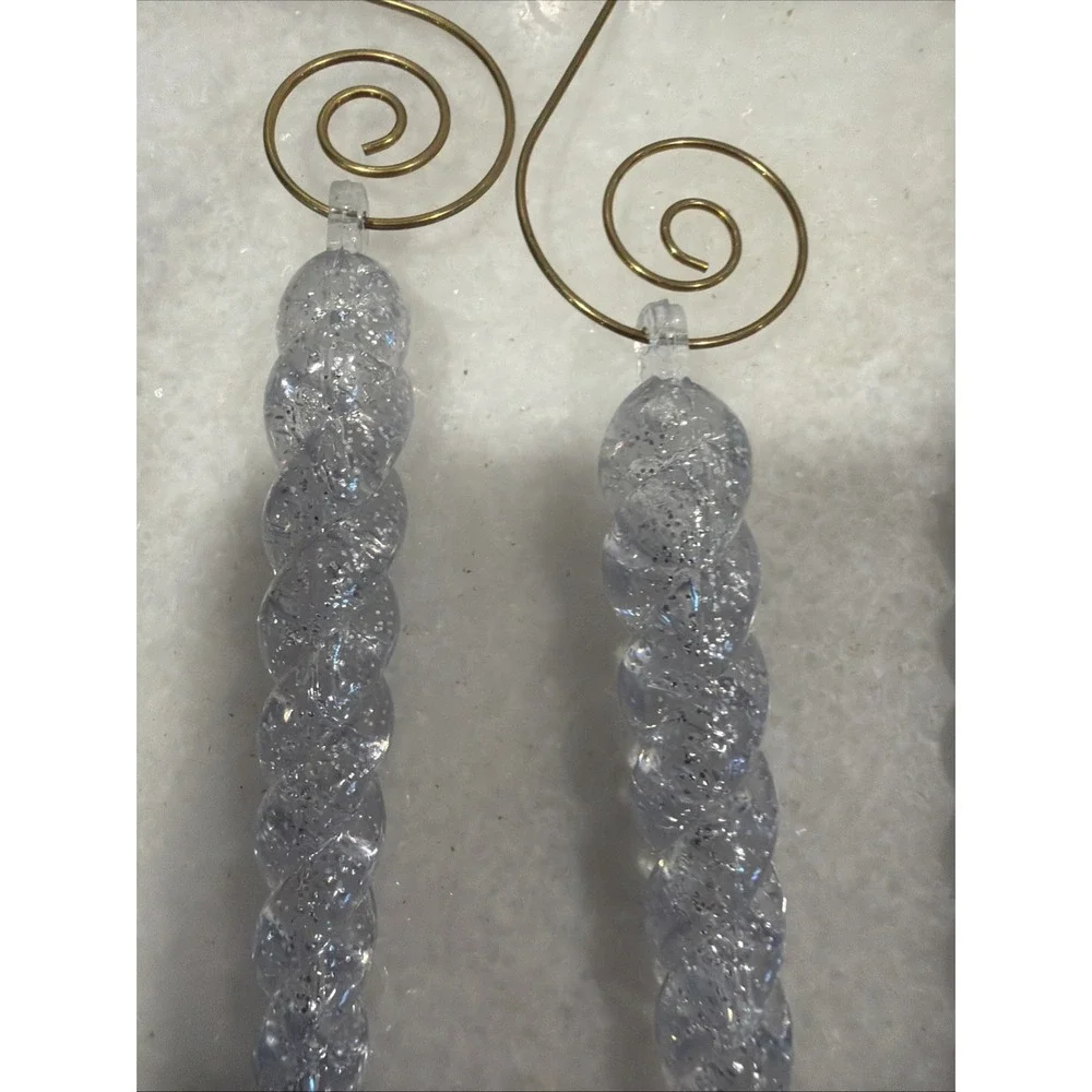 Icicle Ornaments Clear Plastic 5 Inches Long Set of 10 With Gold Ornate Hooks 01